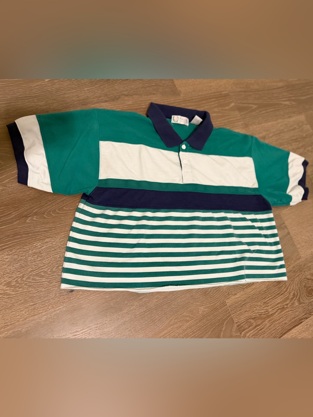 Van Heusen Green, White & Navy Striped Crop Polo vintage